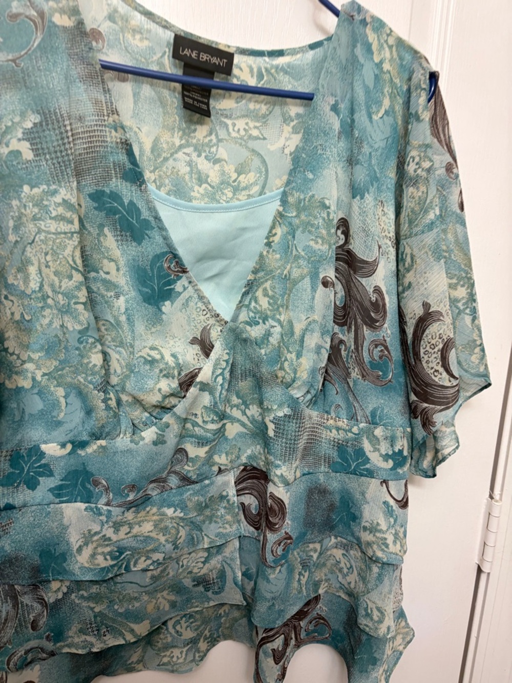 Lane Bryant Teal and Cream Paisley Layered Top